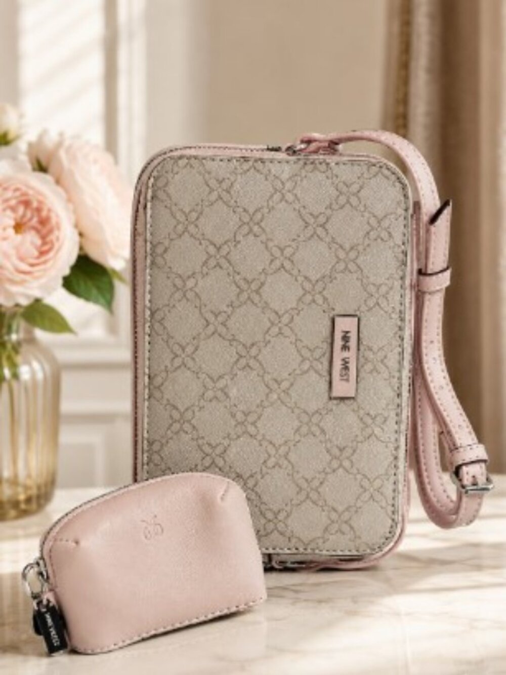NWT Nine West Blush Monogram Crossbody Phone Bag Gift Set w/ Coin Pouch & Box